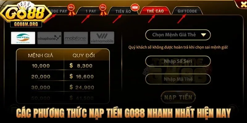 3 kênh nạp tiền Go88 xử lý tức thì dưới 1 phút